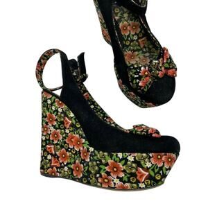 Shellys London Womens Black Floral Platform Ankle Strap Slingback Sandal Size 6
